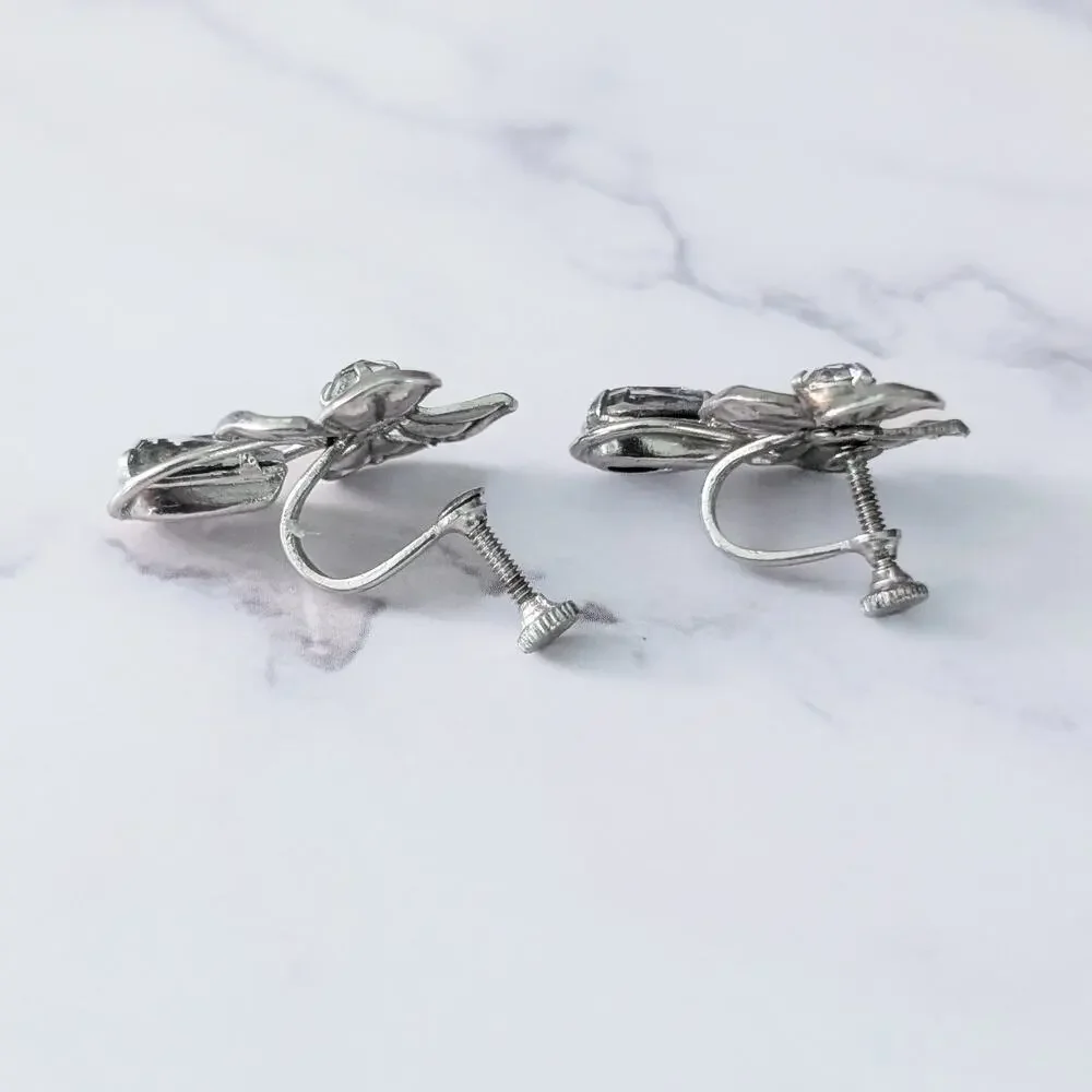 Vintage Screw On Earrings Unusual Silver Tone with Gems 1